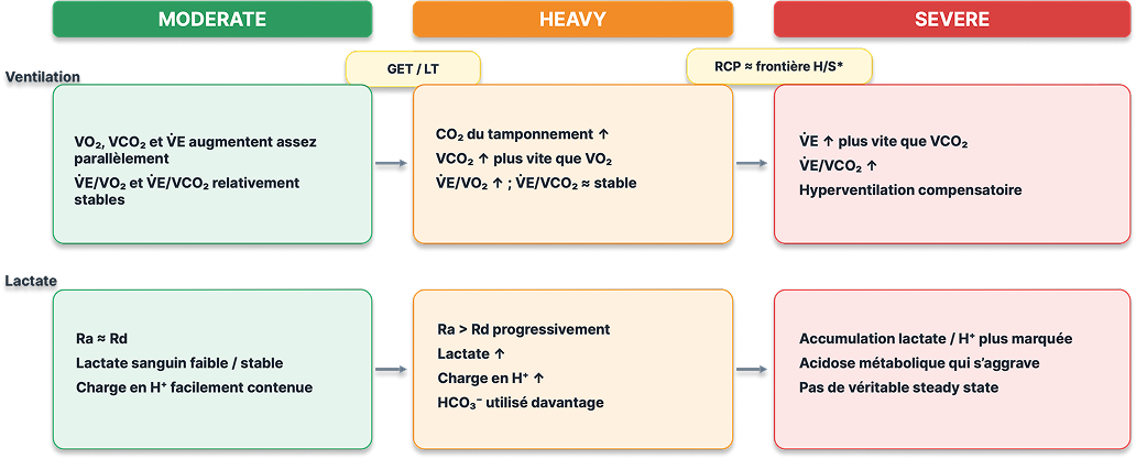 Comparaison des domaines d’intensité modéré, élevé et sévère selon la ventilation et le lactate